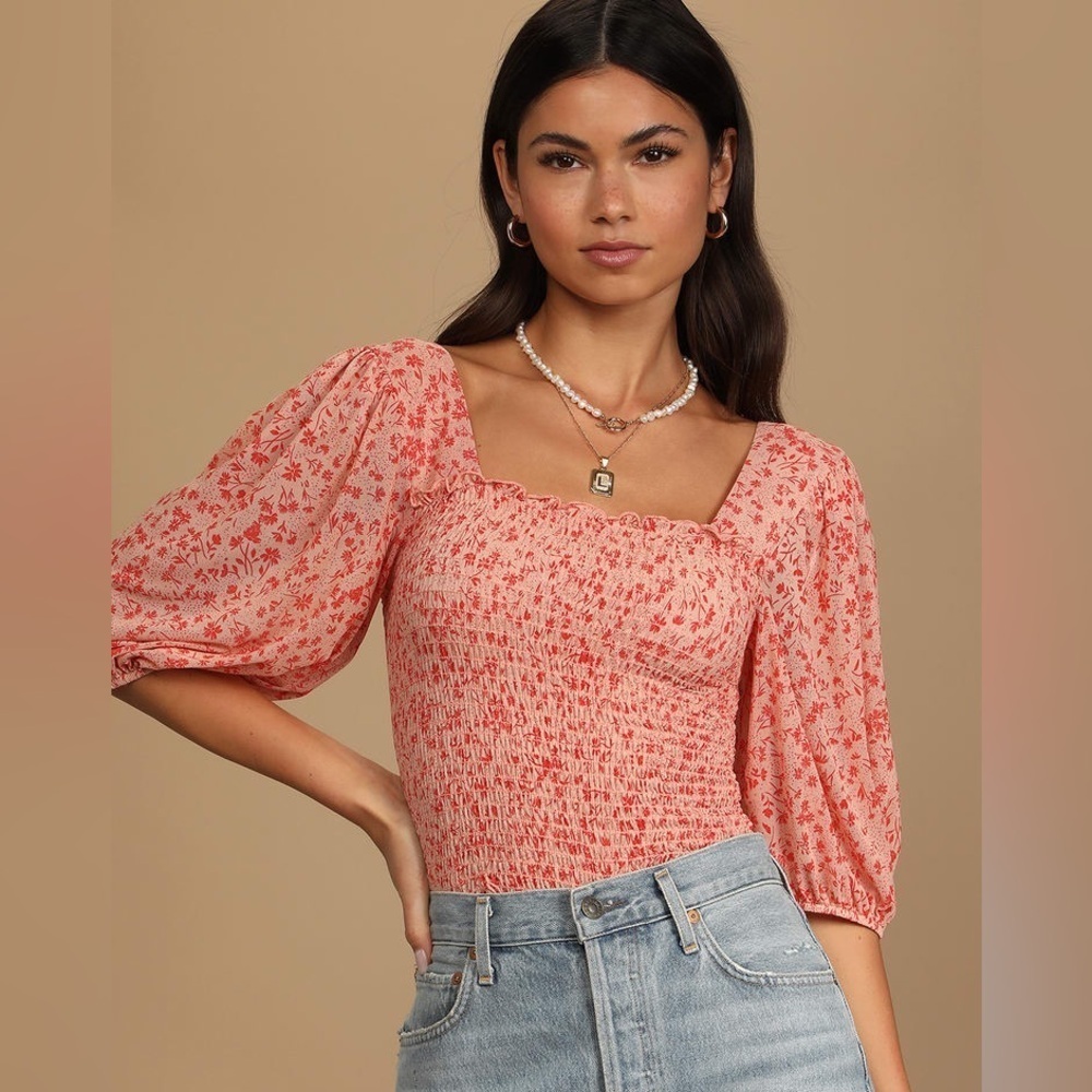 LULUS sweet like candy floral puffed sleeve smocked cropped top size M